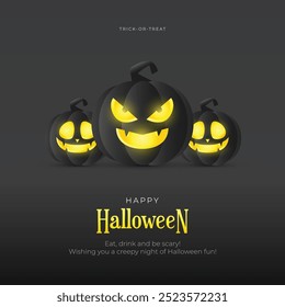 Happy Halloween Post Template and Greeting Card. Modern Dark Halloween Background with Black Halloween Pumpkins, Trick or Treat Vector Illustration