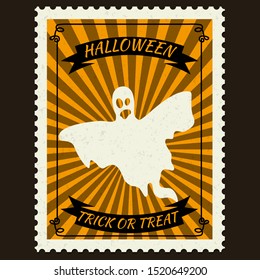 Happy Halloween Postage Stamps with ghost, halloween cartoon character symbol. Vector isolated retro vintage