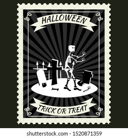 Happy Halloween Postage Stamps with skeleton cemetery, halloween cartoon character symbol. Vector isolated retro vintage