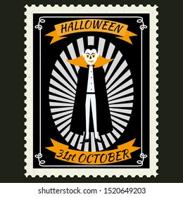 Happy Halloween Postage Stamps with Vampire, halloween cartoon character symbol. Vector isolated retro vintage