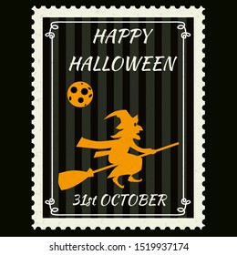 Happy Halloween Postage Stamps with witch on a broomstick, halloween cartoon character symbol. Vector isolated retro vintage