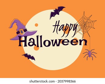 Happy Halloween postcard or banner with lettering and thematic elements. Vector illustration.
