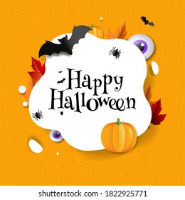 Happy Halloween Postcard With Bats And Pumpkins With Gradient Mesh, Vector Illustration