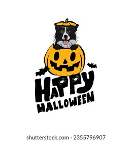 Happy Halloween postcard with Border collie dog peeking out from the pumpkin. Dog head in pumpkin with paws. October hand-drawn calligraphy with halloween funny icons. Festive Creative Halloween Art.