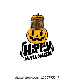 Happy Halloween postcard with brussels griffon dog peeking out from the pumpkin. Dog head in pumpkin with paws. October hand-drawn calligraphy with halloween funny icons.Festive Creative Halloween Art