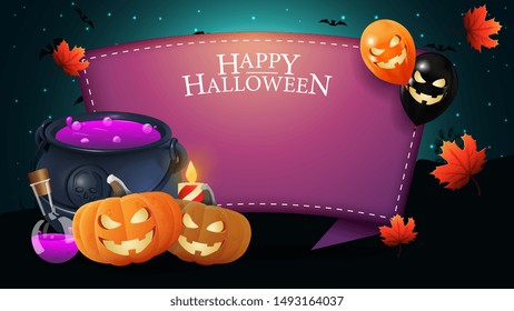 Happy Halloween, postcard with copy space, autumn leafs, halloween balloons, witch's cauldron and pumpkin Jack. Halloween template for your arts