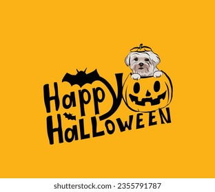 Happy Halloween postcard with coton de tulear maltese dog peeking out from the pumpkin. Dog head in pumpkin with paws. October hand-drawn calligraphy with halloween funny text. Creative Halloween Art