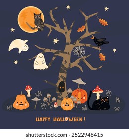 Happy Halloween postcard with cute characters,tree,mushrooms,moon,fall leaves,spider,web.Magic night background with cartoon owl,black cat,pumpkins,crow and ghosts.Autumn vector design in flat color.