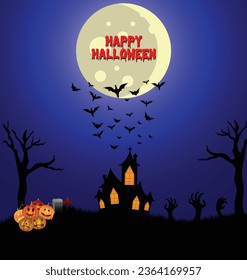 Happy Halloween postcard design with full moon, hunted house, tree, scary pumpkin, flying fox, Ideal for Halloween promotions, postcard, invitations, and decorations, vector art illustration
