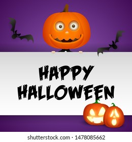 Happy Halloween postcard design with funny pumpkin head and flying bats on purple background. Lettering can be used for invitations, posters, postcards