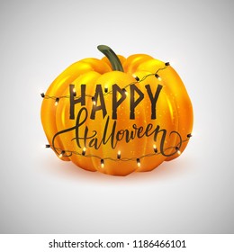 Happy Halloween postcard design, realistic pumpkin and decorative lights, vector illustration
