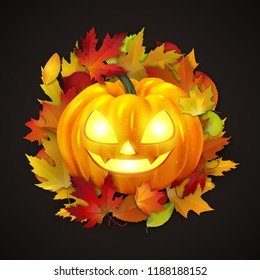 Happy Halloween postcard design, realistic pumpkin and autumn leaves, vector illustration