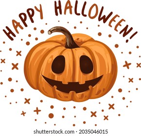 Happy Halloween postcard design, realistic pumpkin and decorative lights, vector illustration