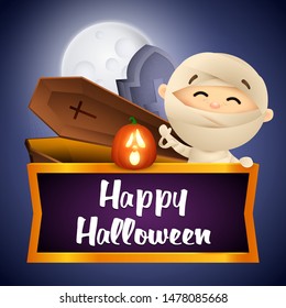 Happy Halloween postcard design with waving mummy, coffin and grave on dark blue moon light background. Lettering can be used for invitations, posters, postcards