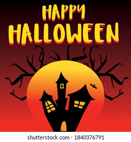 Happy Halloween. Postcard, flyer. Spooky castle in the night forest. Moon and bats. Banner. Halloween scene background. Copyspace for text.  Vector Eps. 8
