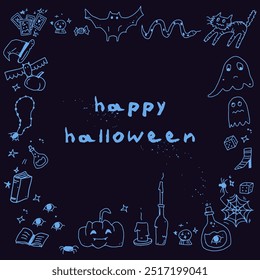 Happy halloween. halloween postcard with frame. Bat, ghosts and decoration carnival elements. Mystical magic black card. Trendy modern doodle vector illustration. hand-drawn vector art