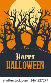 Happy Halloween postcard. Frame from silhouettes of bare branches of trees on full moon background. Colorful Vector Illustration