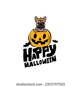 Happy Halloween postcard with French bulldog dog peeking out from the pumpkin. Dog head in pumpkin with paws. October hand-drawn calligraphy with halloween funny icons. Festive Creative Halloween Art