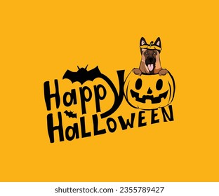 Happy Halloween postcard with German Shepherd dog peeking out from the pumpkin. Dog head in pumpkin with paws. October hand-drawn calligraphy with halloween funny icons. Festive Creative Halloween Art