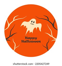 Happy Halloween postcard with a ghost and creepy branches. vector illustration