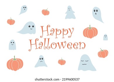 Happy Halloween postcard with ghosts and pumpkins. vector illustration