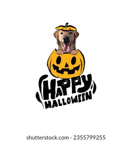 Happy Halloween postcard with Golden retriever dog peeking out from the pumpkin. Dog head in pumpkin with paws. October hand-drawn calligraphy with halloween funny icons. Festive Creative Halloween