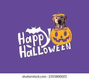 Happy Halloween postcard with Golden retriever dog peeking out from the pumpkin. Dog head in pumpkin with paws on a violet background. October hand-drawn calligraphy with halloween funny icons. 