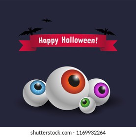 Happy Halloween! Postcard or greeting card design with scary eyeballs and bats on dark background. - Vector