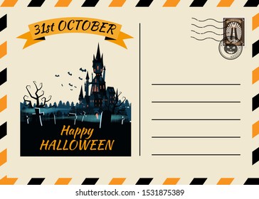 Happy Halloween Postcard invitation Dark Castle Cemetery template with Postage Stamp background design. Vector isolated banner poster