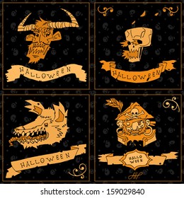 Happy halloween postcard invitation set. Vector pattern for web page backgrounds, postcards, greeting cards, invitations, pattern fills, surface textures. Set of skull, pirate, devil, werewolf.