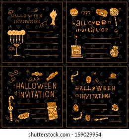 Happy halloween postcard invitation set. Vector pattern for web page backgrounds, postcards, greeting cards, invitations, pattern fills, surface textures.