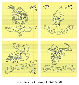 Happy halloween postcard invitation set. Vector pattern for web page backgrounds, postcards, greeting cards, invitations, pattern fills, surface textures. Set of skull, pirate, devil, werewolf.