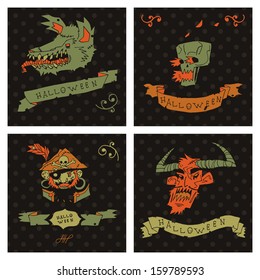 Happy halloween postcard invitation set. Vector pattern for web page backgrounds, postcards, greeting cards, invitations, pattern fills, surface textures. Set of skull, pirate, devil, werewolf.