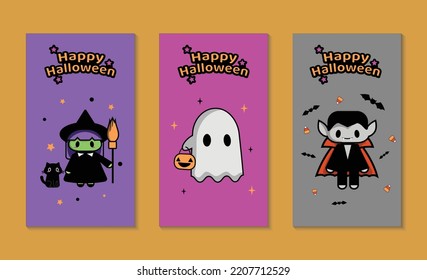 Happy Halloween Postcard, Invitation, Halloween Social Media, Witch, Ghost, Dracula, Cute Kids Halloween