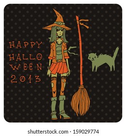 Happy halloween postcard invitation. Vector pattern for web page backgrounds, postcards, greeting cards, invitations, pattern fills, surface textures. With young pretty witch, black cat and broom.