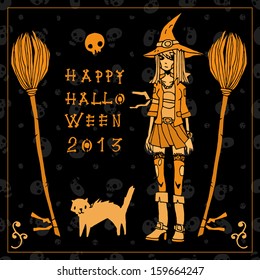 Happy halloween postcard invitation. Vector pattern for web page backgrounds, postcards, greeting cards, invitations, pattern fills, surface textures. With young pretty witch, black cat and broom.