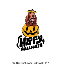 Happy Halloween postcard with Irish setter dog peeking out from the pumpkin. Dog head in pumpkin with paws. October hand-drawn calligraphy with halloween funny icons. Festive Creative Halloween Art