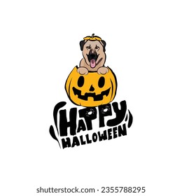 Fröhliche Halloween-Postkarte mit Kangal-Hund, der aus dem Kürbis herausschaut. Hundekopf in Kürbis mit Pfoten. Oktoberhandgezeichnete Kalligrafie mit lustigen Symbolen. Festliche Kunstwerke zu Halloween. 