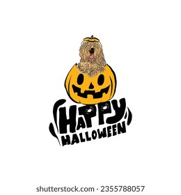 Happy Halloween postcard with Komondor dog peeking out from the pumpkin. Dog head in pumpkin with paws. October hand-drawn calligraphy with halloween funny icons. Festive Creative Halloween Art Work. 