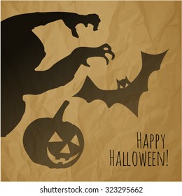 Happy Halloween postcard with monster pumpkin and bat shadows on a crumpled paper brown background.