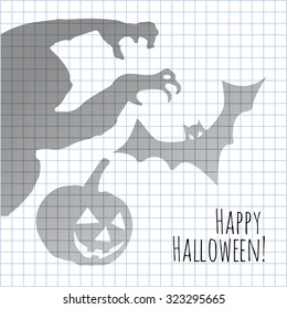 Happy Halloween postcard with monster pumpkin and bat shadows on a checkered paper background.