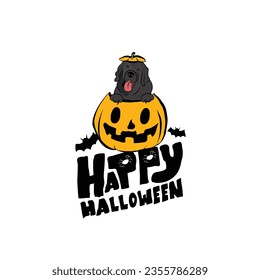 Happy Halloween postcard with Newfoundland dog peeking out from the pumpkin. Dog head in pumpkin. October hand-drawn calligraphy with halloween funny icons. Festive Creative Halloween Art Work. 