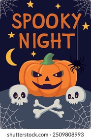 Happy Halloween postcard or party poster. Vector illustration with spooky castles, pumpkins, scary trees, ghosts, moon, bats, and spider web. 2927x4126 pixels, EPS