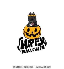 Happy Halloween postcard with Pit bull dog peeking out from the pumpkin. Smiling Dog head in pumpkin. October hand-drawn calligraphy with halloween funny icons. Festive Creative Halloween Art Work. 