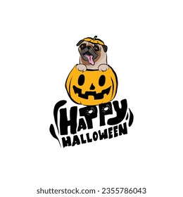 Happy Halloween postcard with Pug dog peeking out from the pumpkin. Mops Dog head in pumpkin. October hand-drawn calligraphy with halloween funny icons. Festive Creative Halloween Art Work. 