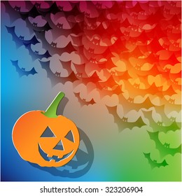 Happy Halloween postcard with pumpkin and bats in the corner on a rainbow background.