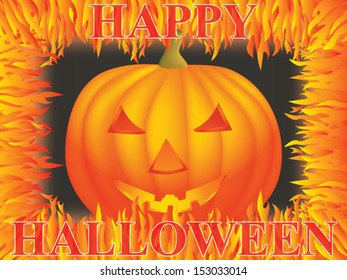 Happy Halloween postcard with pumpkin and flames border