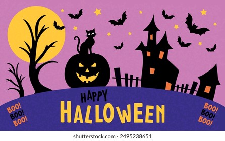 Happy Halloween. Postcard with scary castle, cat, pumpkin and bats. Vector.