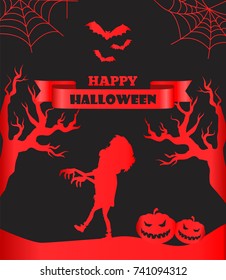 Happy Halloween postcard with scary monster on dark background. Vector illustration with zombie surrounded by horribly pumpkins and leafless trees