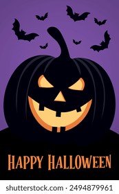 Happy Halloween. Postcard with scary pumpkin and bats. Vector.
